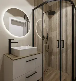 łazienka w drewnie i czerni