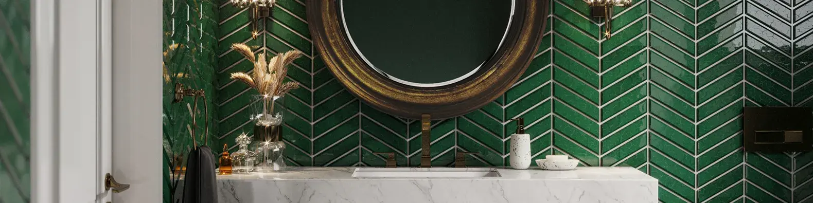 Łazienka art deco z zielonymi płytkami