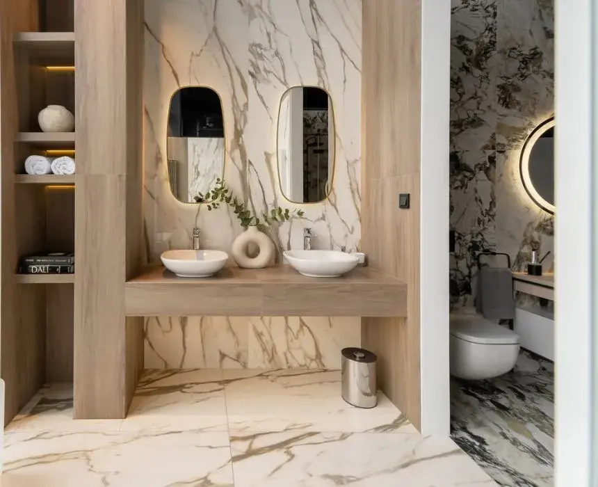 Łazienka marmur, drewno - wystawa w Salonie Łazienek Elements