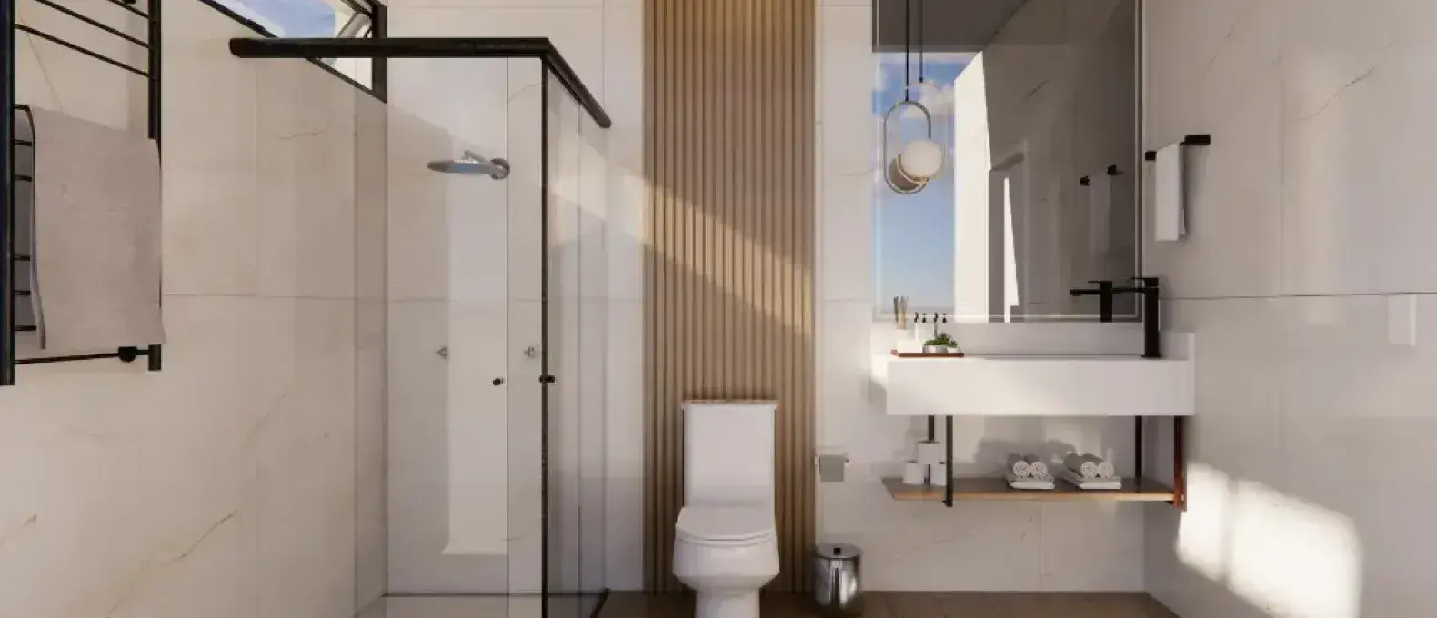 nowoczesna lazienka jasno drewniana z prysznicem